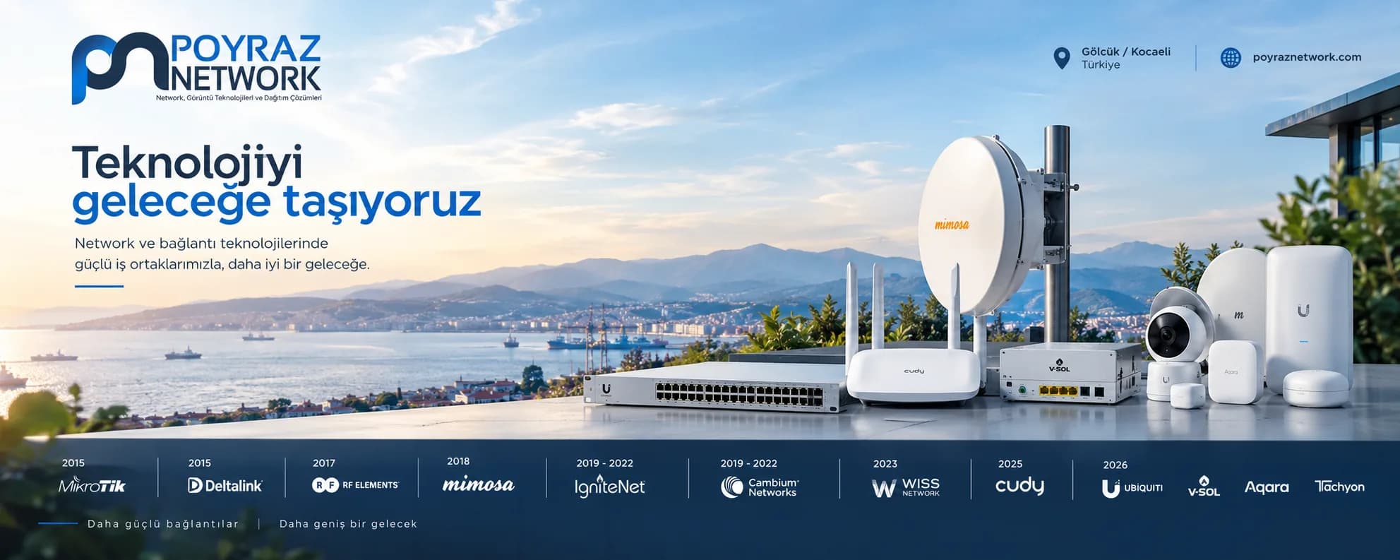 Mavi gökyüzü altında şehir ve deniz manzarası eşliğinde Poyraz Network ürünleri ve iş ortağı markaları